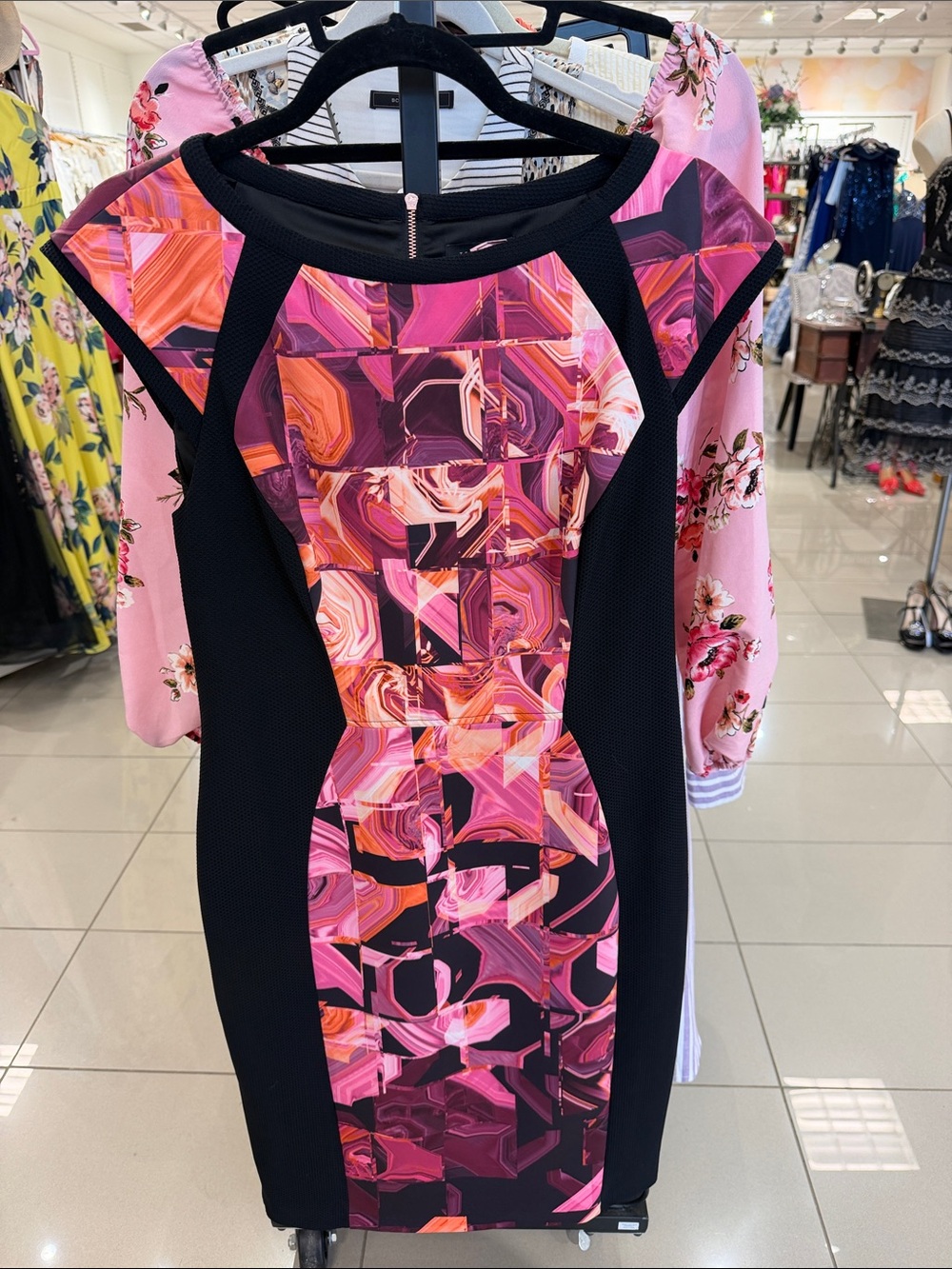 Ted Baker London Black and Pink Geo-Print Panel Midi Dress